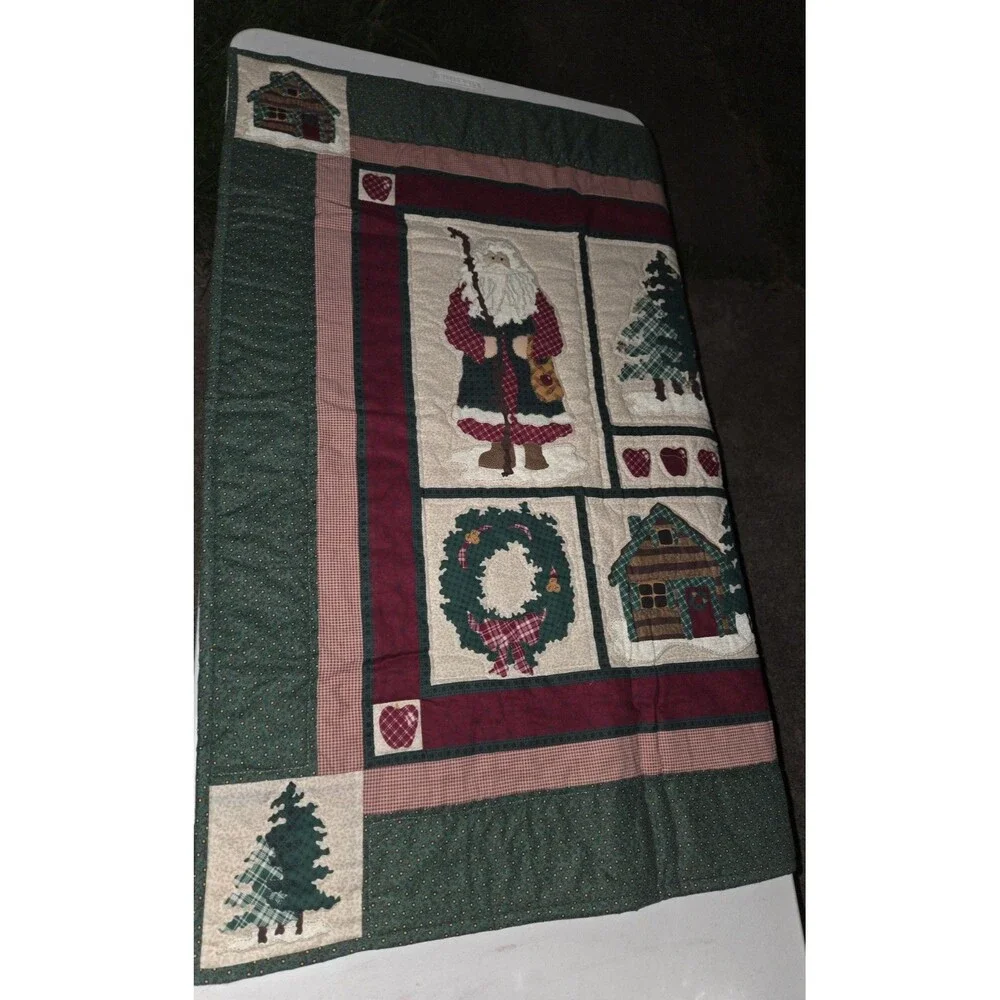 Vintage Primitive Christmas Quilt Wall Hanging Log Cabin Father Christmas Santa